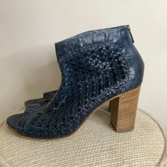Donna Piu Navy Woven Stacked Heel Peep Toe Leather Sandals 39 - Picture 5 of 8